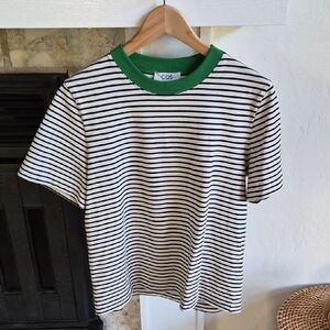 COS Black and White Striped Tee with Green Collar, M